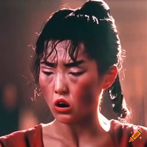 asian woman fighter with bruised expression in 80s kungfu movie scene on craiyon