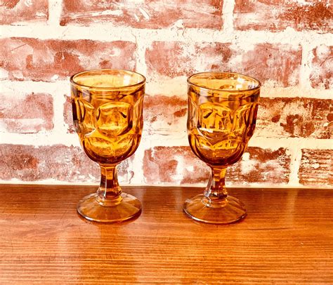 Amber Goblets Libbey Ashburton Pressed Glass Water Boho Etsy Vintage Glassware Table