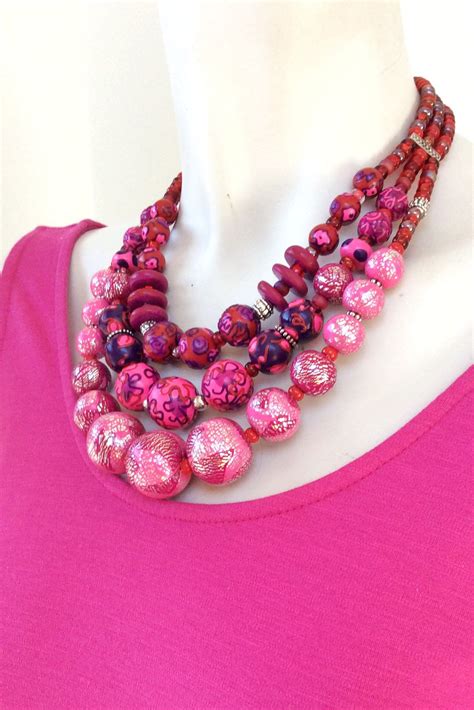 Pink Statement Necklace Bold Beaded Fuchsia Necklace Etsy Pink