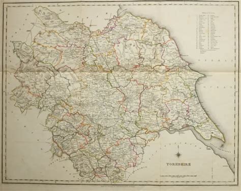 1845 Antique County Map Yorkshire Hand Colour Wakefield Leeds Bradford