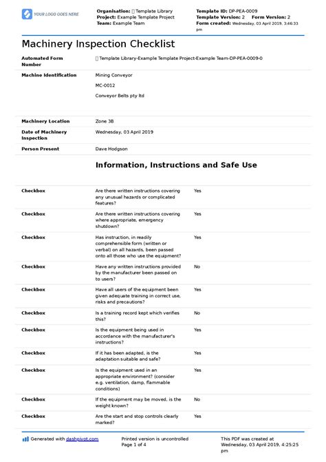 15 Machine Maintenance Checklist Template Sample Excel Templates