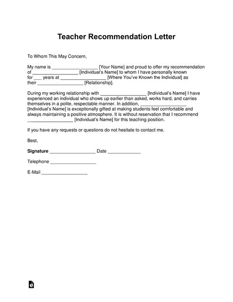 Free Teacher Recommendation Letter Template With Samples Pdf Word Eforms