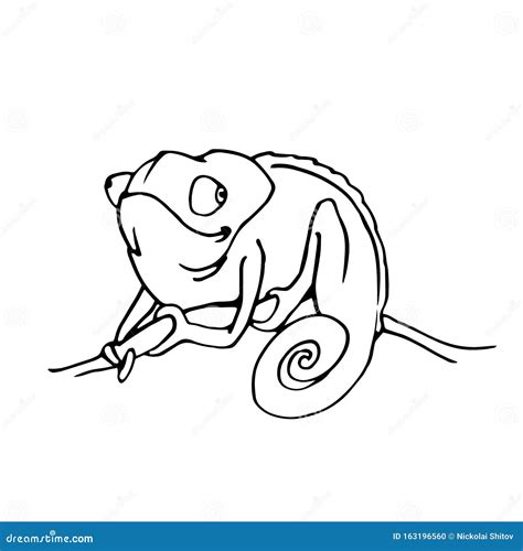 Smiling Chameleon Sitting On A Branch Vector Illustration With Black