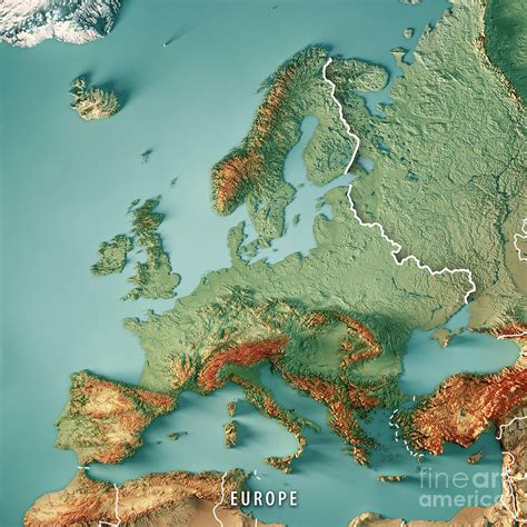 Europe 3d Render Topographic Map Color Border Digital Art By Frank