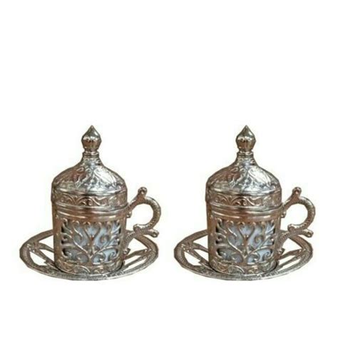 Ottoman Turkish Silver Metal Tea Coffee Saucers Cups Tray Set Over