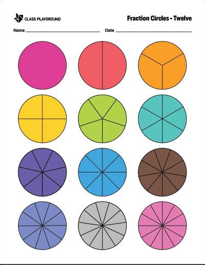 Printable Fraction Circles Twelve Color Fraction Circles Fractions