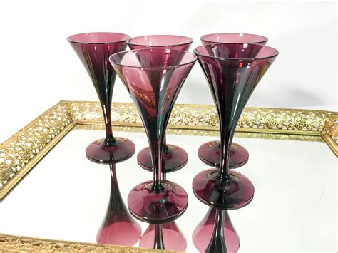 5 Vintage Purple Cordials Or Dessert Wine Or Cocktail Glasses Set Of 5 Barware Retro