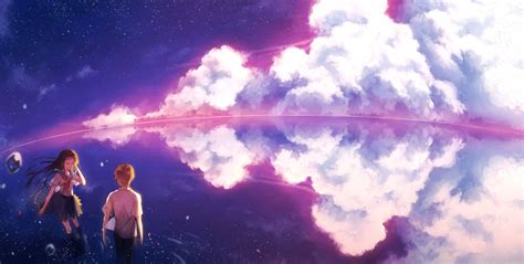 Download 2471x1250 Anime Couple Scenic Clouds School Uniform