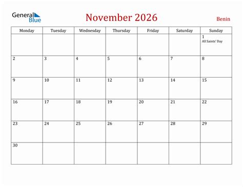 November 2026 Benin Monthly Calendar With Holidays