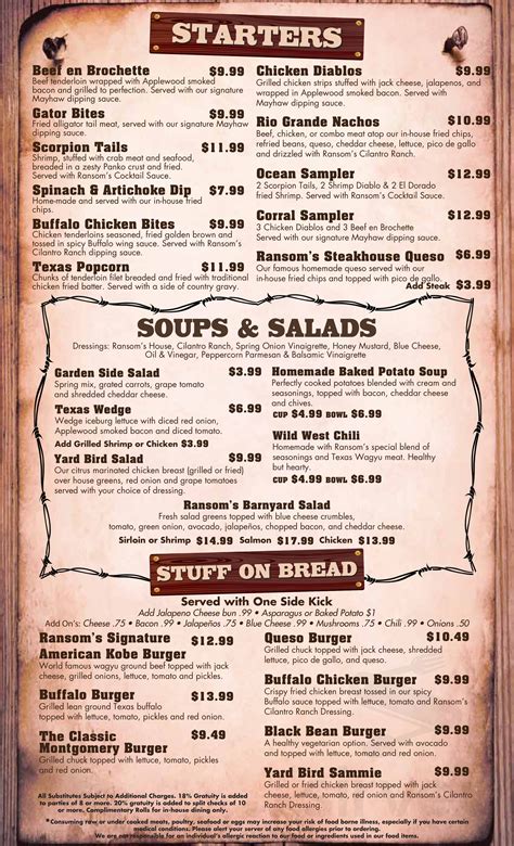 Ransoms Steakhouse And Saloon Menu In Montgomery Texas Usa