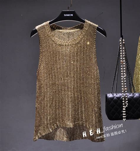 Cakucool New Gold Lurex Knitted Tanks Camis Women Sexy Hollow Out Slim Bling Sequins Shiny Lurex