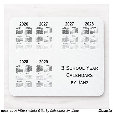2026 2029 White 3 School Year Calendars By Janz Mouse Pad Zazzle