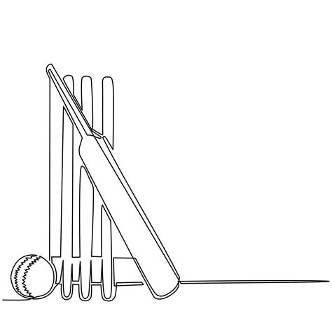 Continuous One Line Drawing Cricket Bat Ball And Wicket Stumps