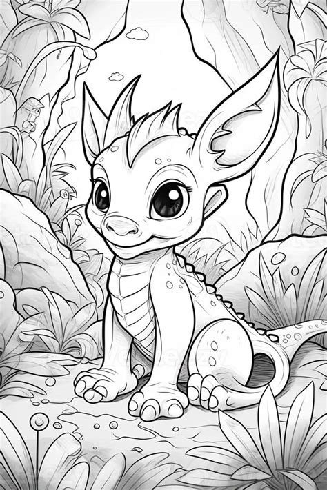 Cute Cartoon Dragon Black And White Illustration For Coloring Book