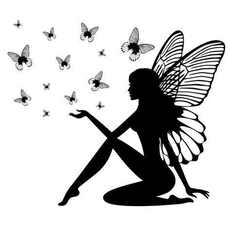 Kind Blak Ink Sitting Fairy Silhouette And Flying Butterfly Flock