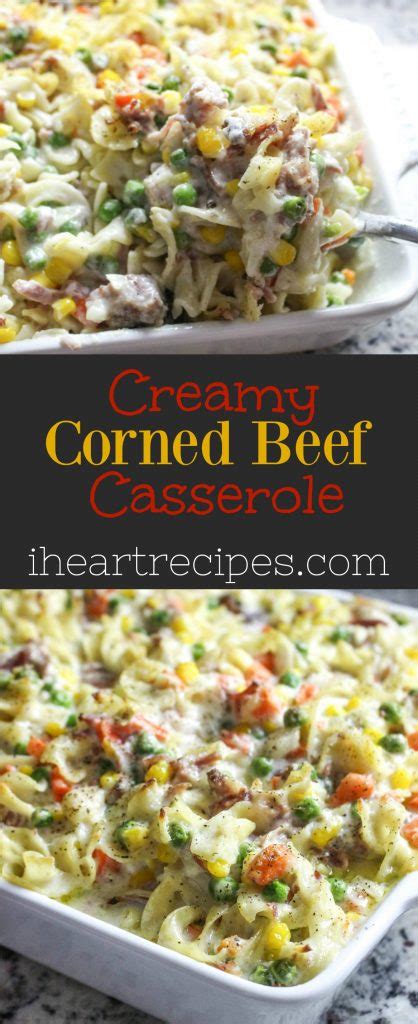 Mix together corned beef, cooked noodles, cheese, soup, onion and milk. Creamy Corned Beef Casserole Recipe | I Heart Recipes