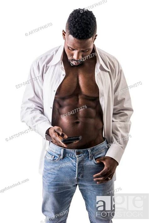 African American Bodybuilder Man Wearing Jeans And Open Shirt On