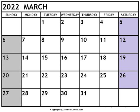 Printable March 2022 Calendar With Holidays In Pdf Word Calendar Dream