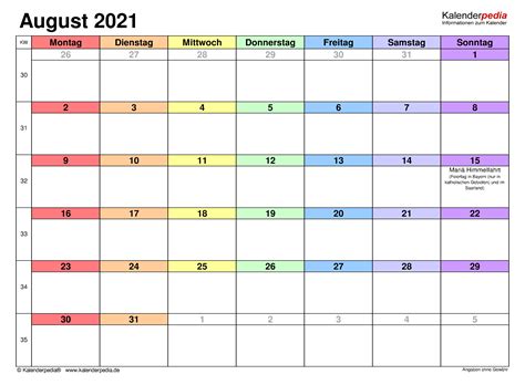 Gegen geld auch smarttools monatskalender 2021 für excel. Kalender August 2021 als PDF-Vorlagen