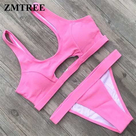 Zmtree Hollow Out Bikini Set Push Up Swimwear Women Swimsuit Pink Green