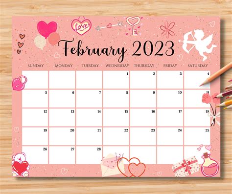 Editable February 2023 Calendar Sweet Valentine 2023 Planner