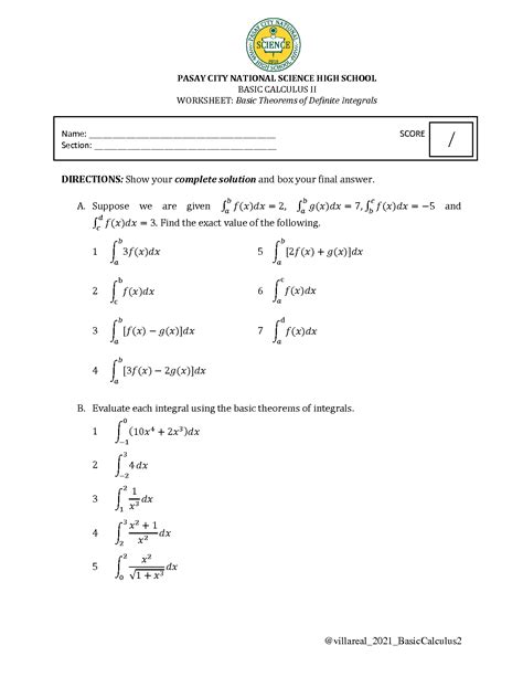 Solution Basic Calculus Worksheet Basic Theorems Of Definite Integral