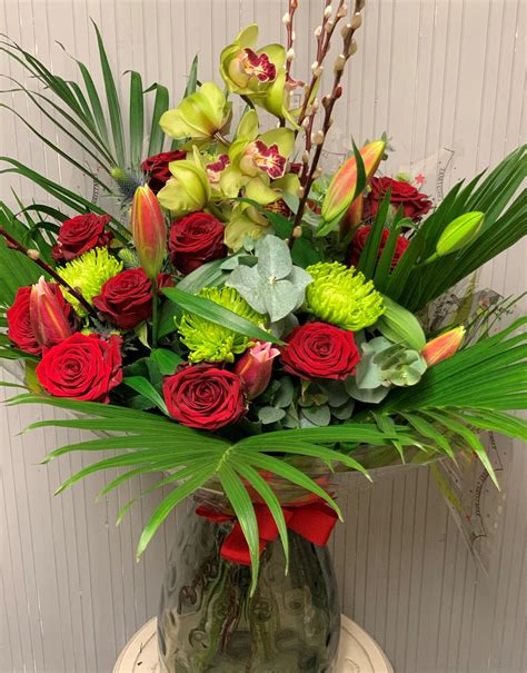 Orchid And Red Rose Tied Bunch Buds And Bows Flowers