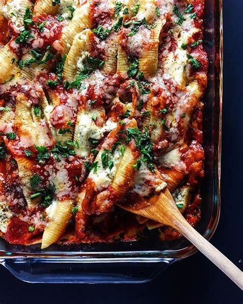 Stuffed Shells With Pesto Ricotta And Spicy Tomato Sauce By