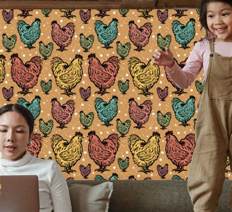 Roosters Colorful Chicken Pattern Lounge Wallpaper Tenstickers