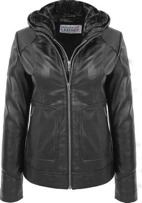 Womens Real Leather Jacket Detachable Hoodie Biker Style Brooke Black
