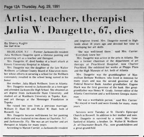 Julia W Wellborn Hunt Daugette Obituary 1991 ™