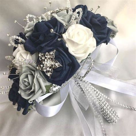 Artificial Wedding Flowers Brides Posy Bouquet With Navy Etsy In