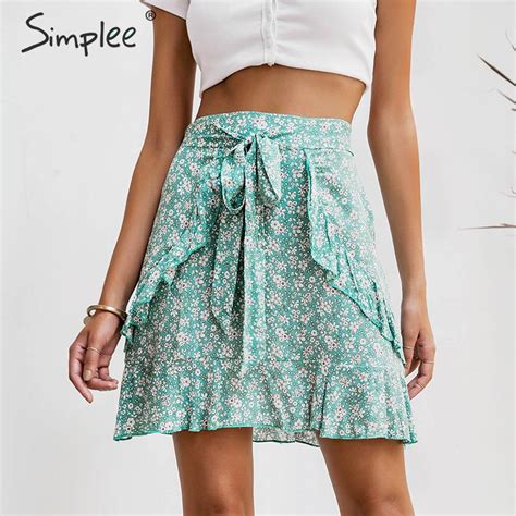 Simplee Summer Floral Print Short Skirt Female Sweet Green Cotton Lace