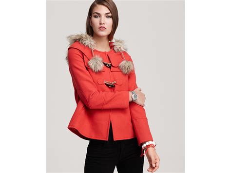 Juicy Couture Toggle Coat With Faux Fur Pom Poms And Hood Trim In Red