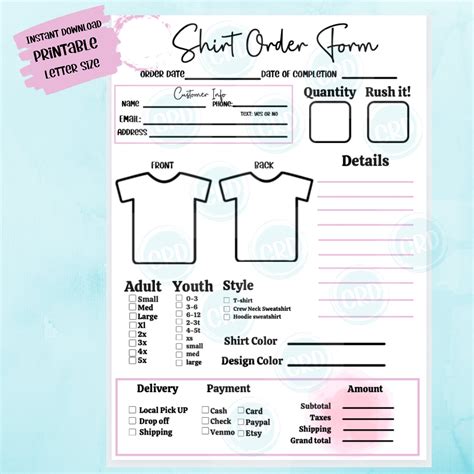 T Shirt Order Form Crafters Order Form Pdf Instant Download Print Ready