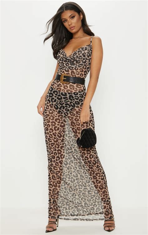 Tan Leopard Cowl Neck Maxi Dress Dresses Prettylittlething Ca