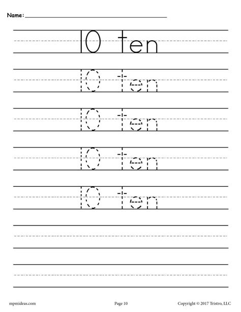 In these writing practice worksheets, students practice reading and writing in these exercises. Number 10 Tracing Worksheet - Number Ten Handwriting Worksheet - SupplyMe