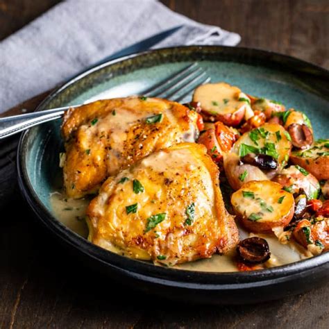 One Pan Braised Chicken Thighs With Potatoes Shallots And Olives