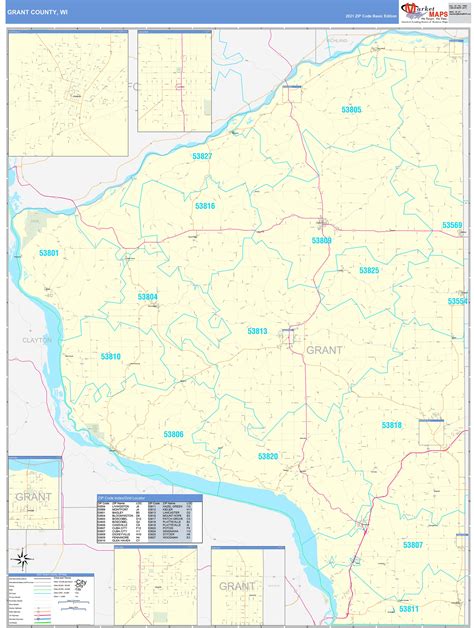 Grant County Wi Zip Code Wall Map Basic Style By Marketmaps Mapsales