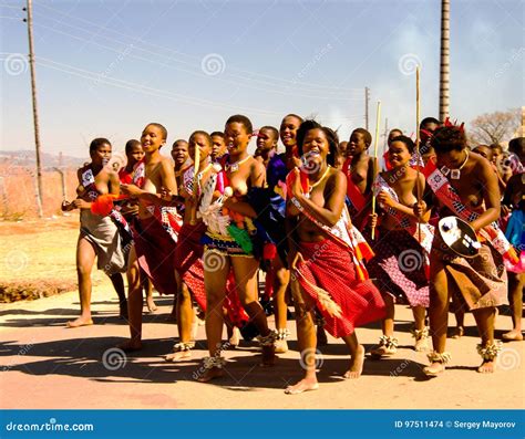 Women In Traditional Costumes Marching At Umhlanga Aka Reed Dance 01 09 2013 Lobamba Swaziland