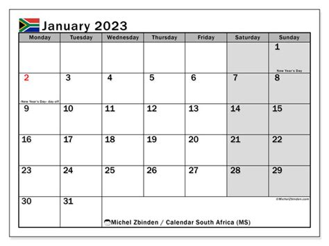 January 2023 Printable Calendar “south Africa Ms” Michel Zbinden Za
