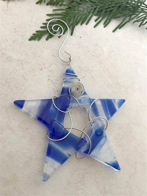 Fused Glass Star With White Blue And Clear Glass Accents Glass Ornament Fused Glass