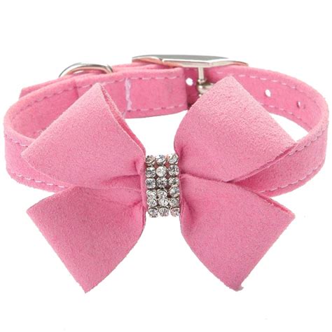 Soft Pink Velvet Dog Collar Bow Rhinestone Adjustable Collars For Pet