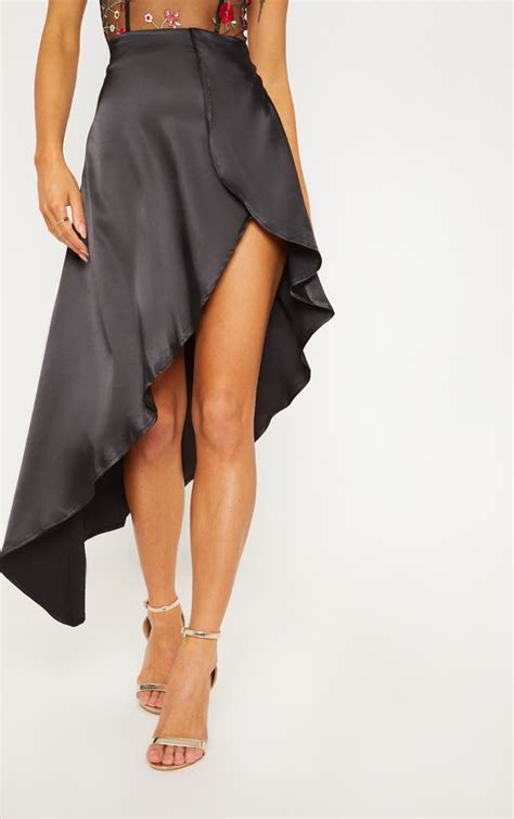 Black Satin Asymmetric Skirt Skirts Prettylittlething