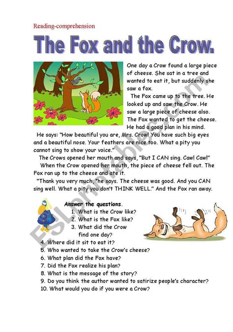 The Fox And The Crow Reading Comprehension Esl Worksheet By Nurikzhan
