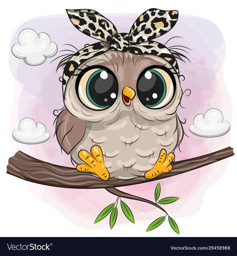 Owl With Big Eyes Is Sitting On A Branch Vector Image Cute Owl