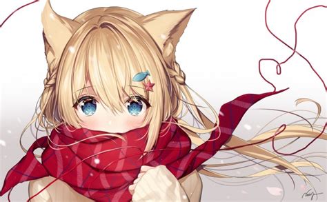Wallpaper Anime Cat Girl Blonde Red Scarf Animal Ears