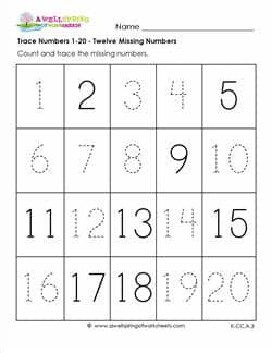 Trace Numbers 1-20 - Kindergarten Numbers Worksheets