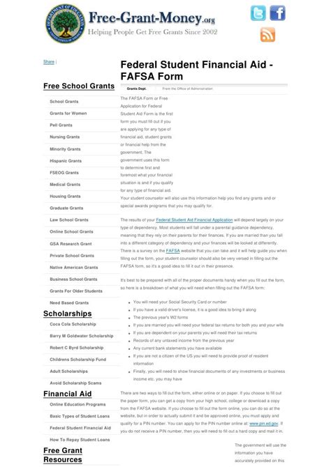 Federal Student Financial Aid Fafsa Form