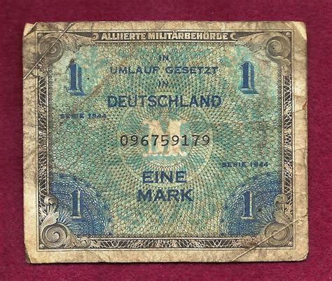 Germany 1 Mark 1944 Banknoteno 096759179 Wwii Allied Military